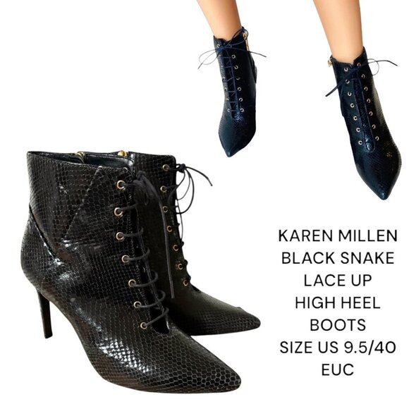 KAREN MILLEN BLACK HEELED SNAKE LACE UP BOOTS SZ. US 9.5/40 EUC - Picture 1 of 6